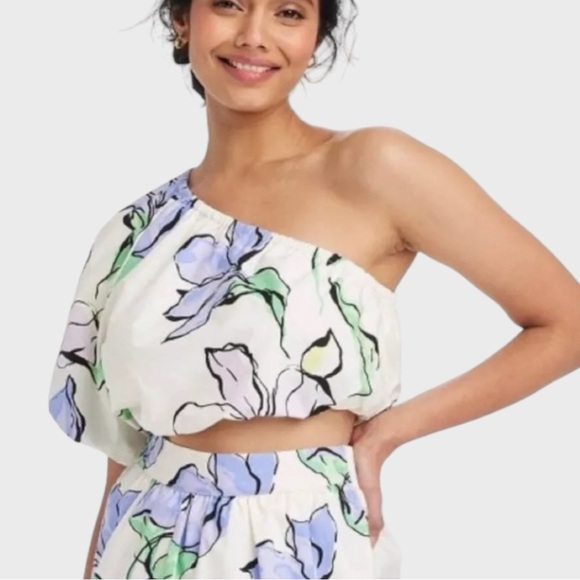 A New Day Women’s Floral One Shoulder Puff Sleeve Cropped Top NWT - Picture 9 of 9